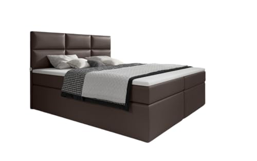 Boxspringbett Carito 140x200 Doppelbett Polsterbett Bett mit USB-Anschluss und Stauraum | Bezug: Kunstleder | Farbe: Braun | Härtegrad: H2 (bis 70kg)