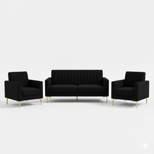 Image of 3+1+1 Seater Velum Fabric Sofa Set for Living Room, Modern Design with High Density Foam, Solid Wood Frame, Ergonomic Comfortable Seating for Home & Office (Black, 3+1+1) | Soft foam comfort, Strong wood frame