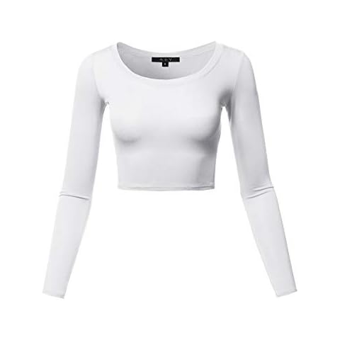 Basic Solid Stretchable Scoop Neck Long Sleeve Crop Top White S Cover