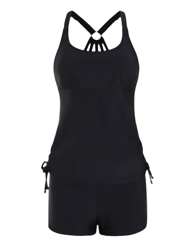 Plus Size Tankini Sets for Women UK Fashion Drawstring Tummy Control Swimsuit with Shorts Two Piece Bathing Suit Black 2XL