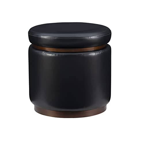 Lexington Black Faux Leather Round Storage Ottoman with Wood Accent by Linon
