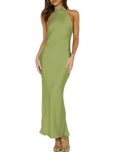 Phicia Sexy Satin Halter Neck Backless Maxi Dress for Women Elegant Tie Cowl Back Formal Wedding Guest Dress for Summer Olive