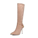  GIARO LEANDRA High Heels Stiefel, Klassik Kniestiefel mit Anhänger und 10cm Stiletto Absatz, Absatzstiefel für Damen, Kniehohe Winterstiefel, Langschaft Schlupfstiefel in Größe 39, Beige Velours