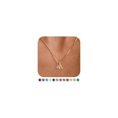 WFYOU Initial Birthstone Necklaces for Women Trendy 14K Gold Plated Letter A-Z initial Necklace Dainty Initial Birthstone Pendant Name Necklace Personalized Birthday Christmas Gifts for Women Jewelry Cover
