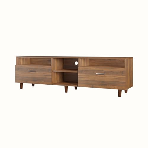 Image of VIKI Modern TV Unit for Living Room | Engineered Wood TV Cabinet with 2 Drawer Storage & 3 Open Shelves, Set Top Box Stand, Entertainment Unit, 160W x 48H x 40D cm | DIY | 1 Year Warranty (Walnut)