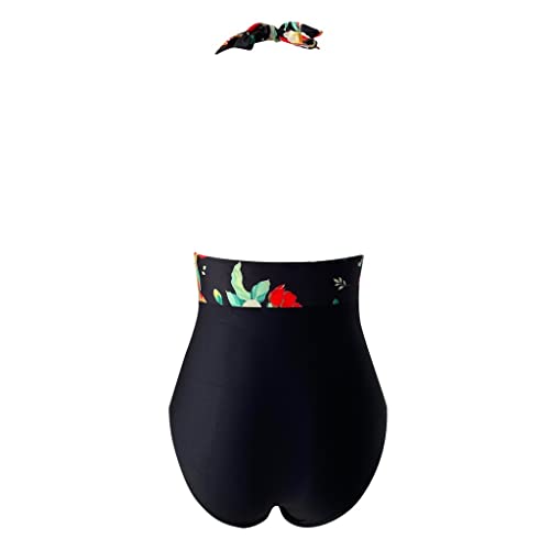 Maillot de bain dos nu plongeant noir avec motifs fleuris d'été et tissu stretch haute qualité