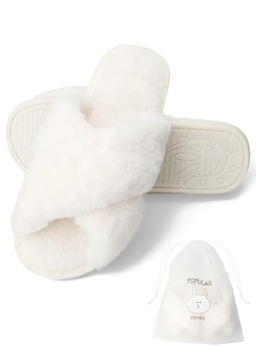 Women‘s House Slippers Faux Fur Fashion Warm Shoes Woman Slippers Comfortable Home Furry Slippers,Lightweight Non Slip House Slippers For Cozy Indoor Outdoor (White-B, 40)