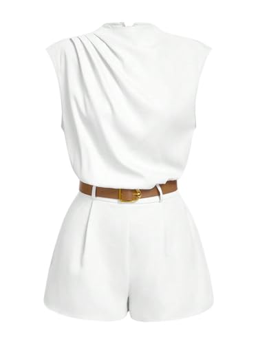 SOLY HUX Women's Summer Ruched Mock Neck Cap Sleeve Belted Short Romper