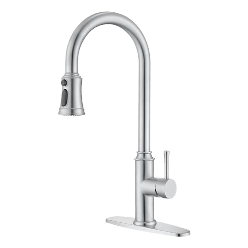 Trysea Kitchen Faucet with Pull Down Sprayer, Brushed Nickel Sink Faucet with Deck Plate,Single Handle High Arc Kitchen Sink Pull Out Kitchen Faucets,Stainless Steel Kitchen Faucet 360° Rotatable