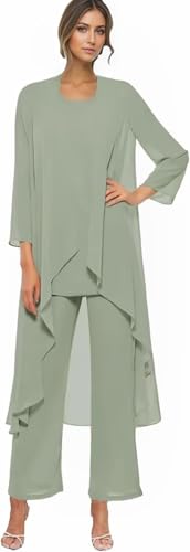 Sage Green 3 PCS Chiffon Mother of the Bride Pant Suit for Wedding Dressy Long Sleeves Formal Grandmother Pant Suits with Jacket Sage Green 14
