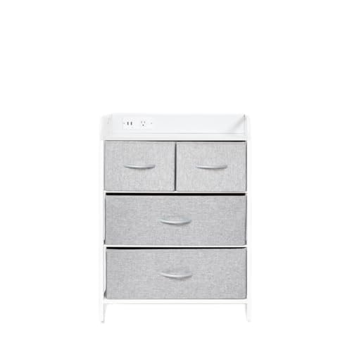 Dormify Charging 4 Drawer Dresser | Storage Drawers | Organizer | 1 Outlet & 2 USB Ports | Nightstand with Drawer Tower | Grey | 22.8" W x 30.9" H x 11.4" D| 5ft Cord Length | Dorm & Bedroom Essential
