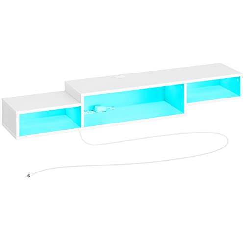 Rolanstar Tv Stand White, Floating Tv Stand With Power Outlet & Led Light, 59" Wall Mounted Entertainment Center With Storage, Media Console Shelf For Living Room, Bedroom, Under Tv Shelf #TOP18