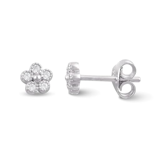 Rhodium Plated Sterling Silver Womens Tiny Cz Flower Stud Earrings - Dainty Cartilage Studs Gifts for Mom Wife Girlfriend