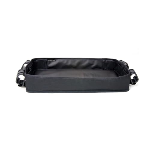 Image of WONDERFOLD Double Sided Stroller Tray for Snacks & Activities Featuring Faux Leather Side for Eating, Polyester Side for Activities, and 4 Kid’s Cup Holders (W4 Series)