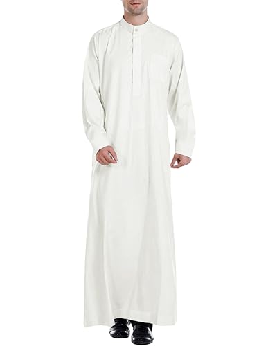 YAOHUOLE Bata Abaya para hombre, caftán musulmán, vestido largo, casual, manga larga, solapa de botones con bolsillo, blanco crema, M