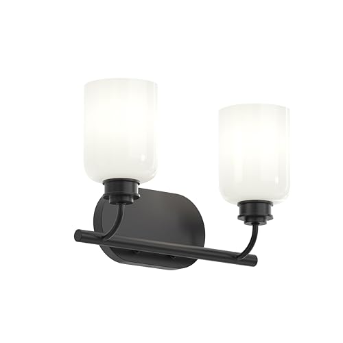Progress Lighting Reines 14.5 Inch 2-Light Vanity Light, New Traditional Light Fixture, Matte Black with Opal Glass Shades (9.5 in. H x 14.5 in. W, extends 6.25 in.), P300578-31M by Progress Lighting - Used condition - US$80.27