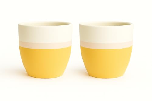 Image of Yo Green Ceramic Set of 2 Pot Indoor /Outdoor Plant - Modern Planter for Home and Office, Durable Ceramic, Stylish Finish with Vertical Ridges, Great Gift Idea (White /Yellow)