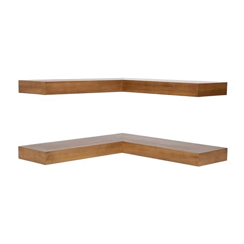 Image of Kate and Laurel Havlock Modern Wood Two-Piece Floating Corner Shelf Set, 26 x 8 x 3, Rustic Brown, Wooden Corner Shelving with Unique Geometric Shape for Living Room Decor or Entryway Storage