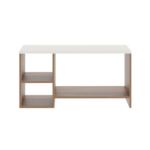 Image of FURNEASER Modern Engineered Wood Coffee Table with Open Storage Shelves | Wooden Center Table for Living Room, Sofa Area & Lounge | Multipurpose Tea Table with Storage (TLP - Exotic Teak & White)