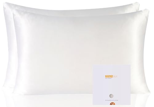 ZIMASILK 100% Pure Mulberry Silk Pillowcase 2 Pack, Soft and Smooth,Both Sides Premium Grade 6A Silk,600 Thread Count,with Hidden Zipper for Men and Women Family (Standard 20"x26", White)