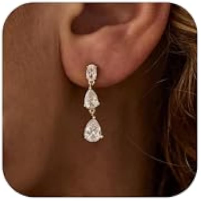 Ewrkbr Dangle Earrings for Women, Formal Wedding Bridal Drop Earrings 14K Gold Plated Rhinestone Gold Earrings for Women Trendy Dainty Teardrop Dangling Earrings Waterproof Prom Gold Jewelry