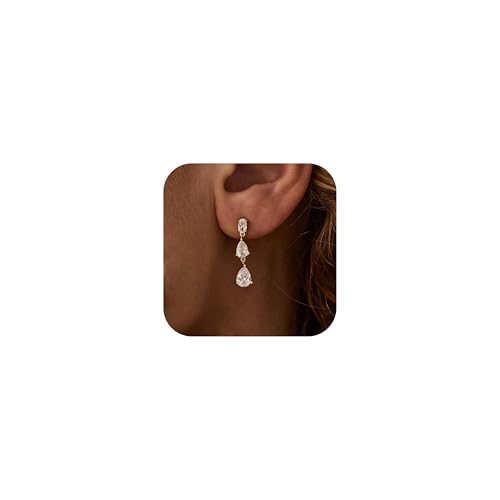 Ewrkbr Dangle Earrings for Women Formal Wedding Bridal Drop Earrings 14K Gold Plated Rhinestone Gold Earrings for Women Trendy Dainty Teardrop Dangling Earrings Waterproof Prom Gold Jewelry