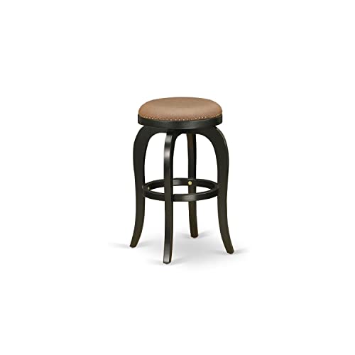 Butaco de altura para bar East West Furniture BFS030-112 Bedford, asiento redondo tapizado en cuero sintético marrón tostado, estructura negra de madera de caucho, altura 30 pulgadas miniatura 4