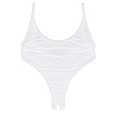 JanJean Womens See Through Low Back Crotchless High Cut Thong Monokini Swimsuit Leotard Bodysuit White One Size
