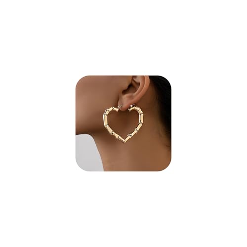 Gold Bamboo Earrings for Women 90s 80s Heart Hoop Earrings Y2k Hip Hop Party Custom Accessories Fashion Jewelry Gifts (Gold Heart Earrings)