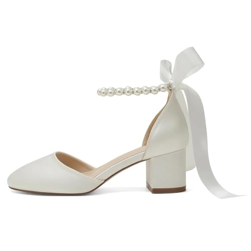 High Block Heel Wedding Closed Toe Sandals for Bride Pearl Bow Ankle Strap Women Chunky Heels Sandal Round Toe Satin Bridal Shoes3