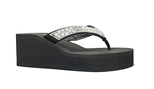 Image of REDVOLUTION New Women's Rhinestone Sandals High | Low Platform T-Strap Jewel Sandals High Wedge Flip Flops