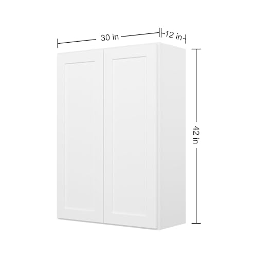 Image of Furinno Shaker 2 Doors 3 Shelves Wall Kitchen Cabinet, Ready to Assemble, 12 D x 30 W x 42 H, White
