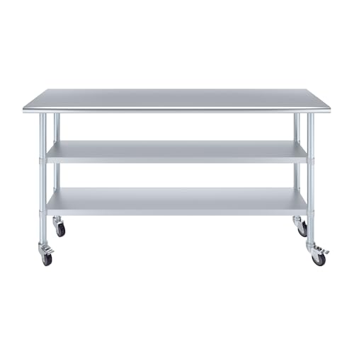 Image of AmGood Stainless Steel Work Table with 2 Shelves and Casters | Metal Utility Table On Wheels (Stainless Steel Work Table with 2 Shelves + Casters, 72 inch Long x 18 inch Deep)