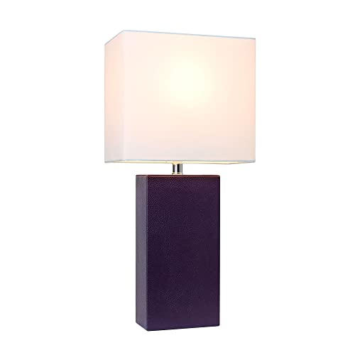 Lalia Home Lexington 21" Leather Base Modern Home Decor Bedside Table Lamp With White Rectangular Fabric Shade, Eggplant Purple #TOP1