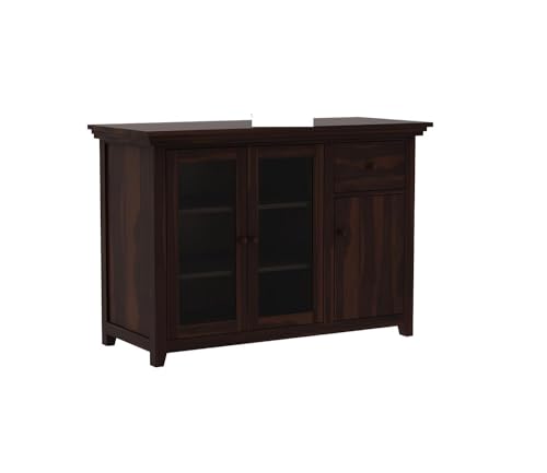 Image of Solid Sheesham Wood Sideboard Cabinet for Living Room | Crockery Cabinet with 2 Acrylic Glass Door | Kitchen Display Unit | 2 Acrylic Glass Doors, 1 Door Cabinet & 1 Drawer | Walnut