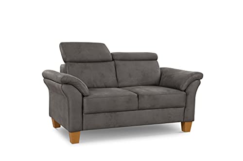 Cavadore 2-Sitzer-Sofa Ammerland / 2er-Couch im Landhausstil mit Federkern + verstellbaren Kopfstützen / 156 x 84 x 93 / Wildlederoptik, Grau