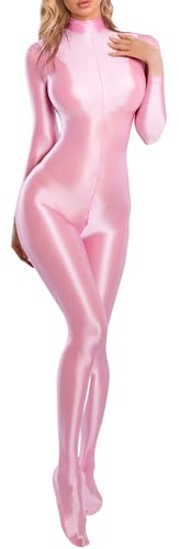 Shiny Sheer Bodysuit for Women Breathable Lightweight Metallic Jumpsuit Long Sleeve Stretchy Glossy Leotard for Club Party Cosplay Dance Pink XL