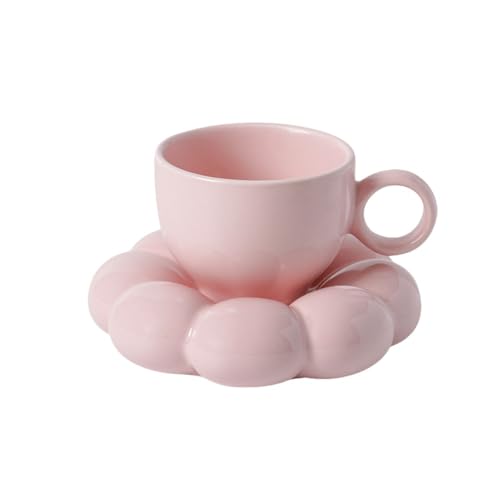 フラワーコーヒーカップ&ソーサーセット かわいいマグ&ソーサーセット セラミックコーヒーカップ ひまわりソーサー付きラテカップ (ピンク,マグ) (ピンク)