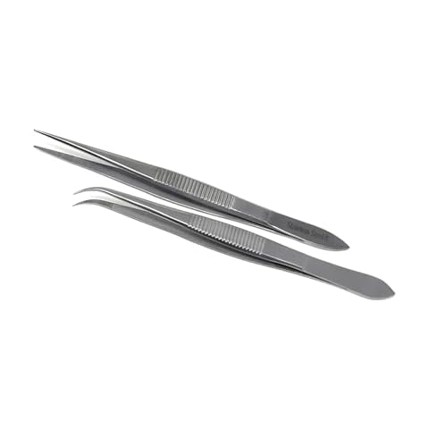 2 Pcs Tweezers Straight + Angled Serrated Tip Multipurpose Sewing Machine Repair Forceps Helps in Embroidery Picking Sorting Plucking thread Made of Stainless Steel and Ridged Handle (4.5 Inch) Cover