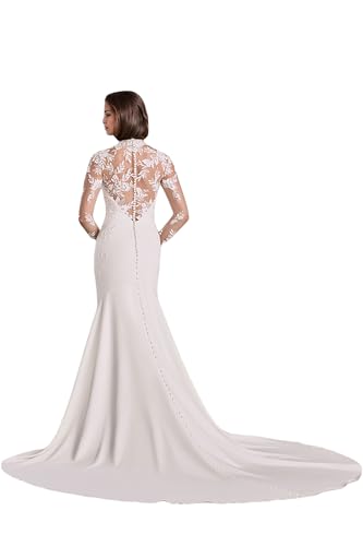 Mermaid Long Sleeve Wedding Dress for Women Bride High Neck Floor Length Bride Wedding Dress with Lace Applique