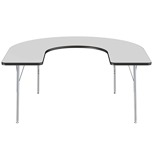 Image of FDP Horseshoe Activity School and Office Table (60 x 66 inch), Standard Legs with Swivel Glides, Adjustable Height 19-30 inches - Gray Top, Black Edge, Silver Legs