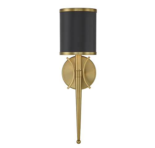 Image of Savoy House 9-9944-1-143 Quincy Modern Vintage Traditional Metal Wall Sconce, 1-Light 60 Watt, 19 inch H x 5 inch W, Matte Black with Warm Brass
