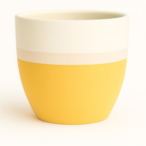 Image of Yo Green Ceramic Pot Indoor /Outdoor Plant - Modern Planter for Home and Office, Durable Ceramic, Stylish Finish with Vertical Ridges, Great Gift Idea (1, White /Yellow)