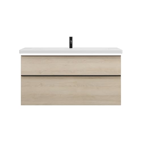burgbad Eqio Keramik-Waschtisch inklusive Waschtischunterschrank mit LED-Beleuchtung, Breite 1230mm, SEZA123F3180C0001G0252, Farbe: Eiche Dekor Cashmere/Eiche Dekor Cashmere, Griffleiste Schwarz