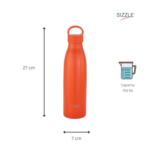 Image of Sizzle Modern Stainless Steel Water Bottle 700 ML Kids & Adults - Lightweight, Single Walled, Leakproof Water Bottle | For School, Office, Gym | Orange (Pack of 1)