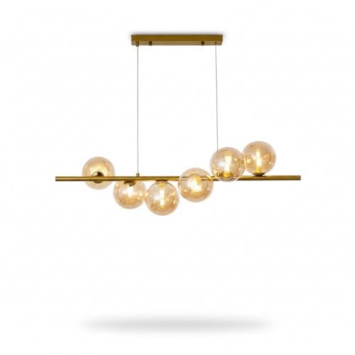 Lampadario Moderno a Sospensione 6 Sfere Vetro Ø13cm | Struttura in Metallo Oro/Grigio/Ambra | Attacco G9 Altezza Regolabile 300–1015 mm | Illuminazione Soggiorno Cucina Sala da Pranzo (Ambra)