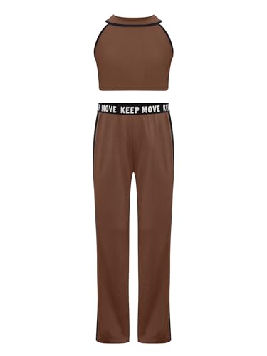 Kids Girls 2Pcs Sports Set Contrast Color Yoga Dance Outfits Ribbed Vest Crop Tank Top and Pants Set3