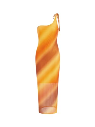 Image of CIDER Miami Sunset Vacation Mesh Asymmetrical Neck Ombre Midi Dress