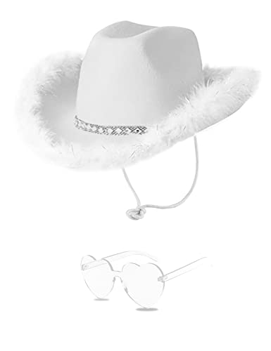 YBHOMINE Cowboy Hat with Heart Sunglasses - Cowgirl Hat with Feather Boa Brim for Women&Men,Bachelorette Party Halloween (White)