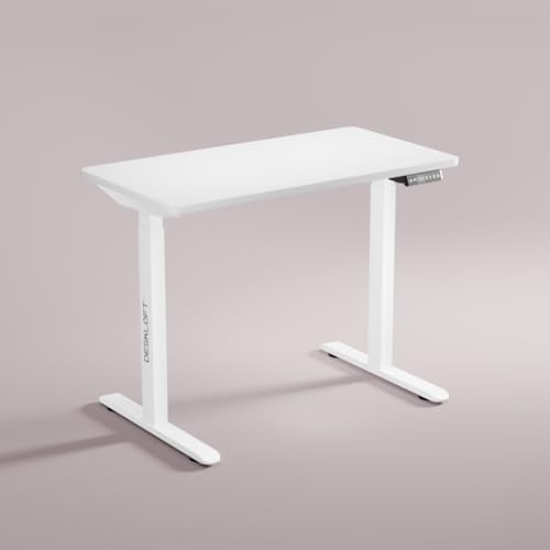 Image of Electric Standing Desk Height Adjustable Table | Ergonomic Sit Stand Workstation with Walnut Wood Grain Top | Motorized Computer Desk for Home Office (White Frame & White Top, 1200x600 mm)
